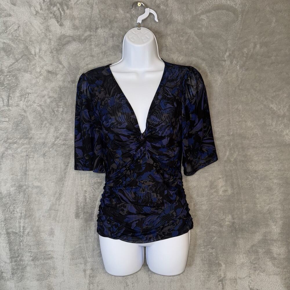 Evereve Mya Twist Front Blouse Dark Floral Mesh Blue Black Small Fairy Grunge
